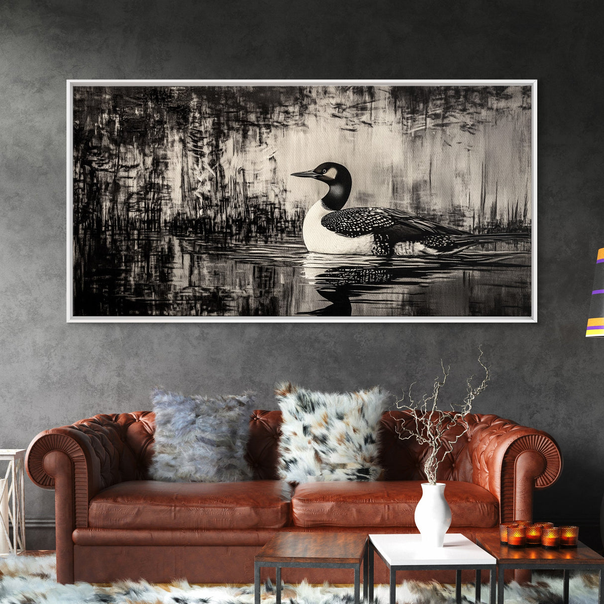 Loon Bird Art, Black and White Painting, Wildlife Wall Art, Rustic Decor, Framed Canvas Print, Lake House Art, Nature Lover Gift