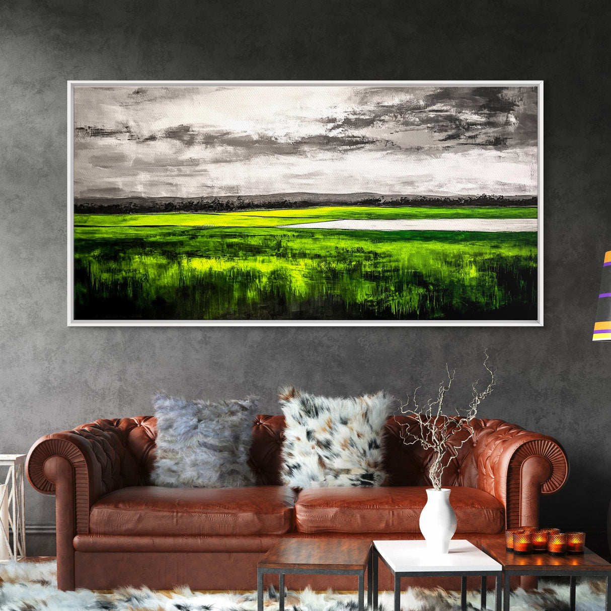 Marsh Landscape Painting, Green Wall Art, Nature Artwork, Panoramic Art, Extra Wide Art, Framed Canvas Print, Rustic Home Decor