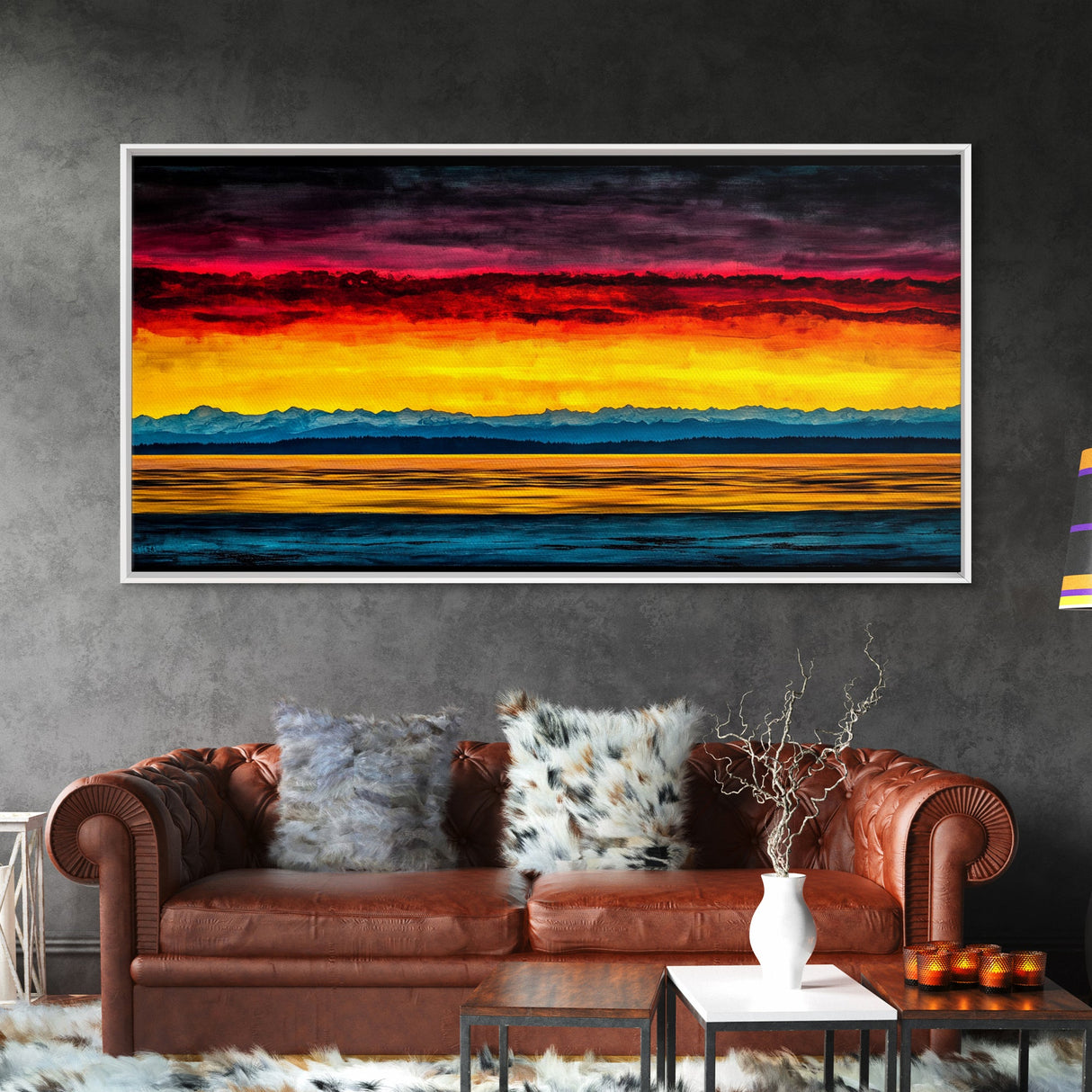 Sunset Over Water, Colorful Horizon Painting, Coastal Wall Art, Extra Wide Art, Framed Canvas Print, Above Sofa Art, Ocean Lover Gift