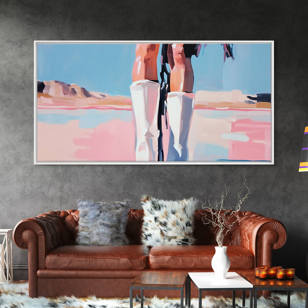 White Boots Painting, Southwest Wall Art, Country Western Aesthetic, Pink and Blue Art, Framed Canvas Print, Rustic Decor, Extra Wide Art