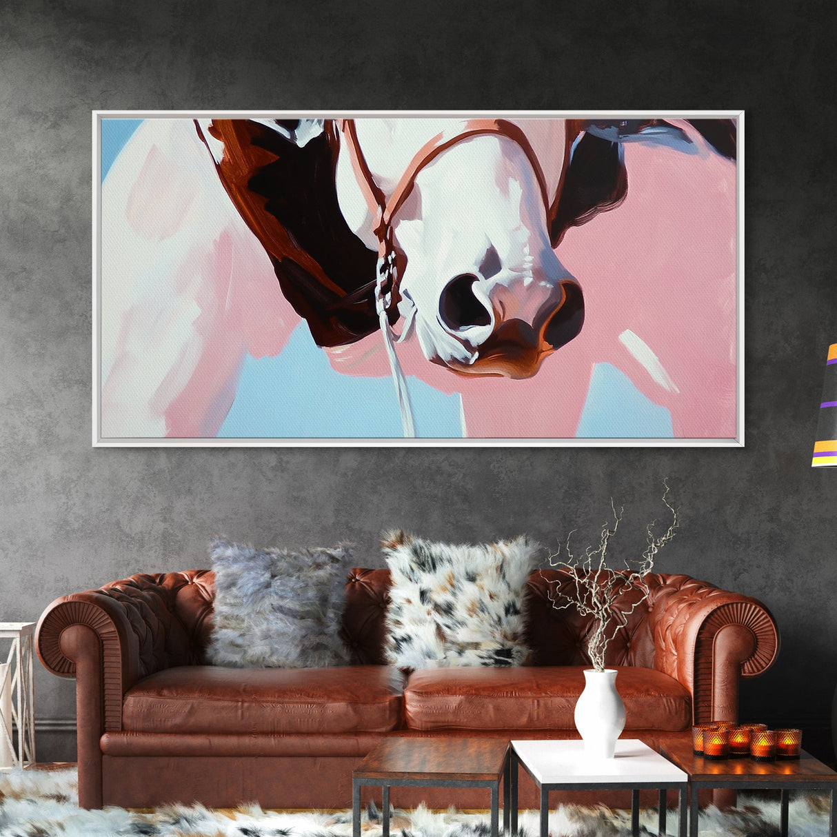 Horse Close Up, Vintage Horse Art, Rustic Wall Art, Southwest Wall Art, Extra Wide Art, Light Pink Wall Art, Framed Canvas Print, Living Room Art