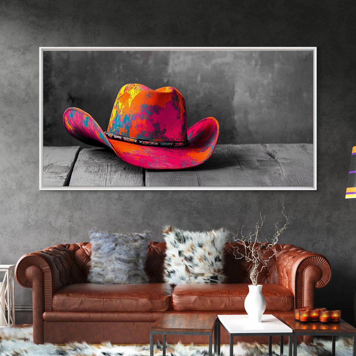 Vibrant Cowboy Hat Framed Canvas Print | Western Wall Art | Chicano Art | Moody Art | Southwest Decor | Rustic Art | Extra Wide Art