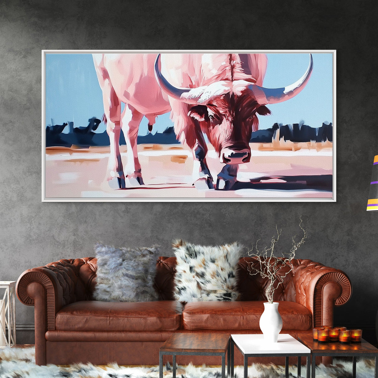 Texas Longhorn, rustic decor, bull and bear art, southwest wall art, pink orange wall art, extra wide art, framed canvas print