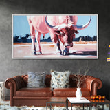Texas Longhorn, rustic decor, bull and bear art, southwest wall art, pink orange wall art, extra wide art, framed canvas print