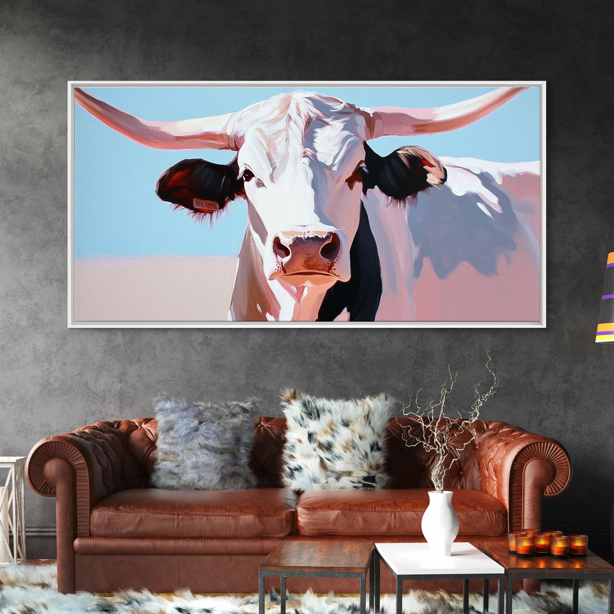 Bull And Bear Art, Rustic Wall Art, Farmhouse Art, Vintage Western Painting, Coastal Cowgirl Art, Framed Canvas Print, Above Couch Art