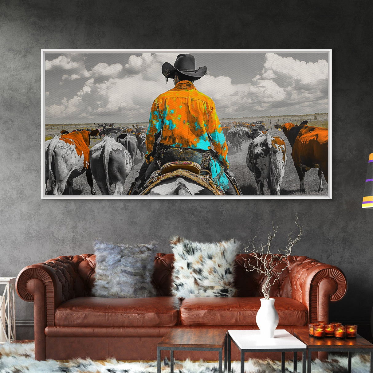 Western Cowboy Herding Canvas Print Rustic Wall Art Southwest Wall Art Black Cowgirl Painting Farmhouse Art Extra Wide Panoramic Art