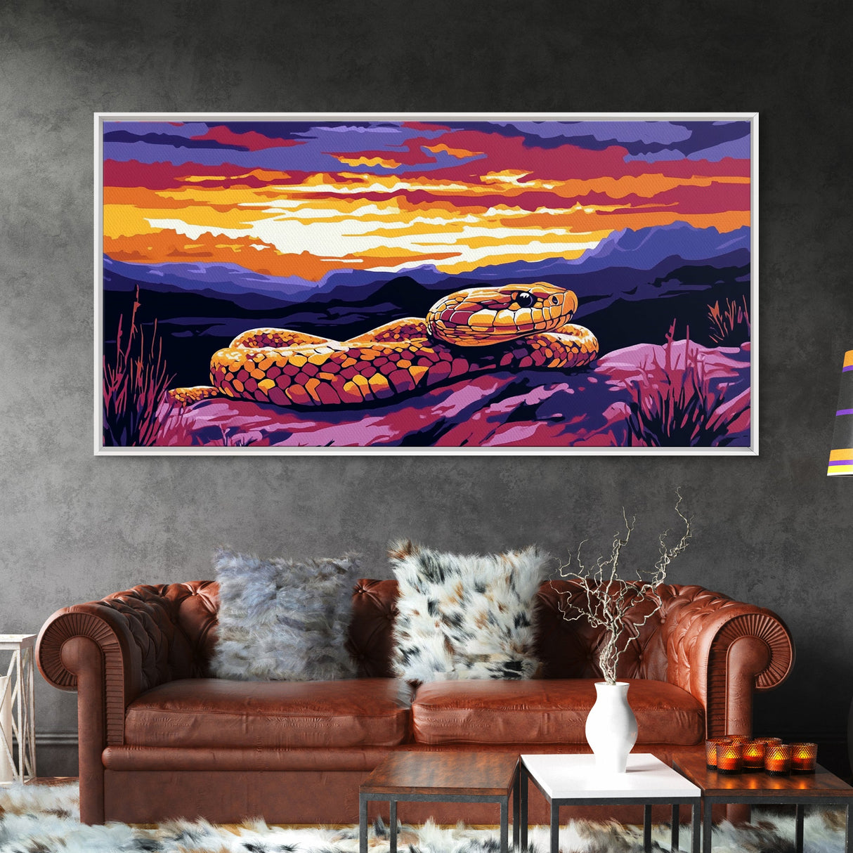 Rattlesnake Sunset, wildlife painting, southwest wall art, mountain painting, rustic decor, panoramic art, Framed Canvas Print, farmhouse art
