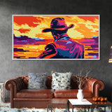 Cowboy, western silhouette, sunset art, ranch aesthetic, moody wall art, bold colors, extra wide art, rustic decor, framed canvas print