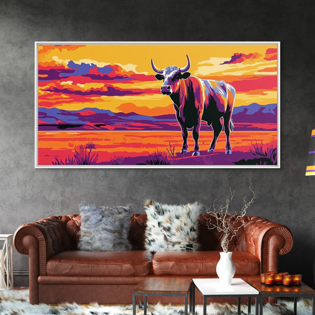 Bull, cattle, western ranch, cowboy lifestyle, moody colors, rustic home decor, scenic landscape, extra wide art, canvas print