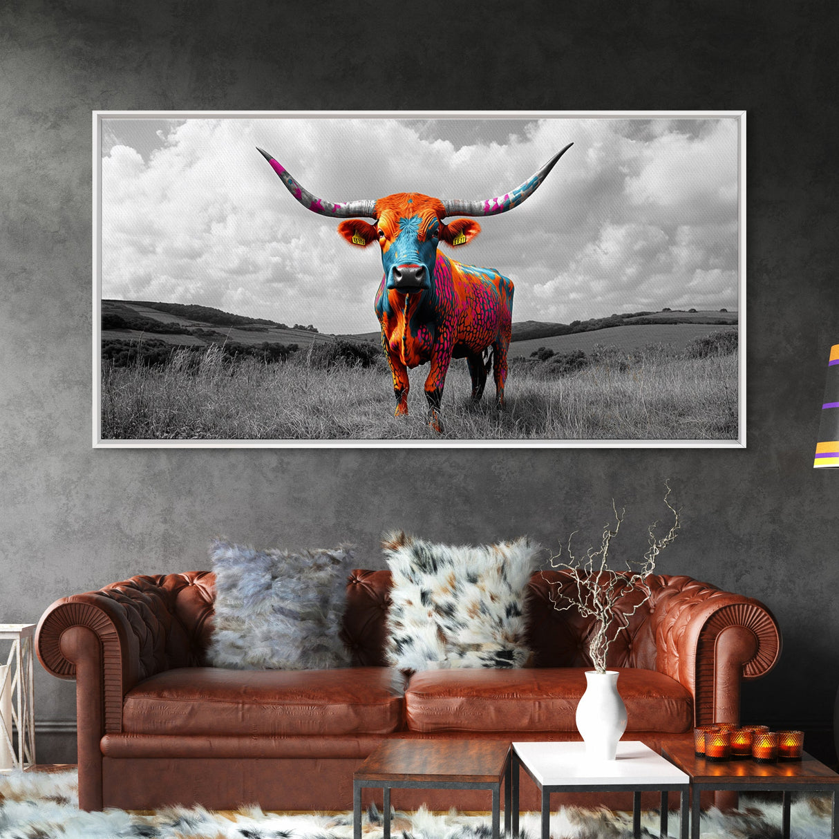 Psychedelic Longhorn Art Framed Canvas Print Vibrant Whimsical Art Southwest Wall Art Gift Idea Above Bed Art Rustic Decor