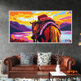 Pack horse, rugged adventure, cowboy aesthetic, mountain sunset, rustic decor, extra wide art, nostalgic western, framed canvas print