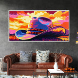 Cowboy hat, western decor, rustic style, bold colors, country aesthetic, southwest wall art, moody sunset, framed canvas print