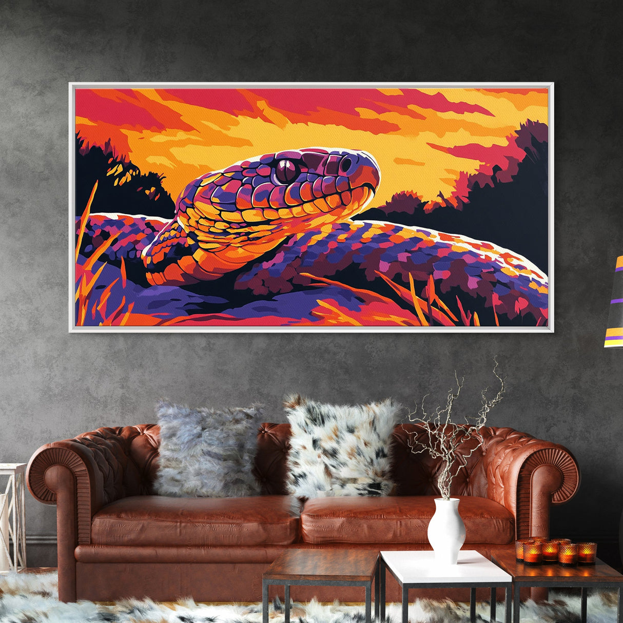 Snake Sunset, wildlife art, moody art, rustic decor, geometric wall art, southwest wall art, panoramic art, Framed Canvas Print, gift idea