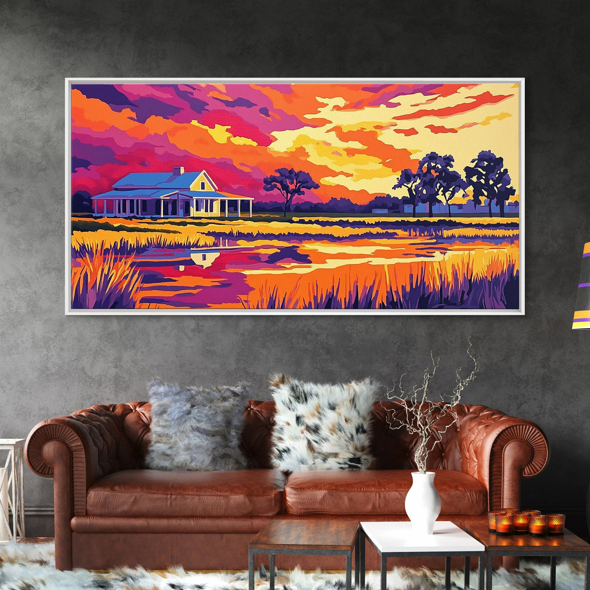 Rural Farmhouse, Rustic Wall Art, Barn Landscape Oil Painting, Farmhouse Art, Framed Canvas Print, Panoramic Art, Above Bed Wall Art