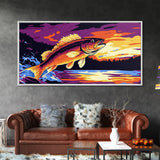 Jumping Bass, Fly Fishing Art, Rustic Decor, Horizontal Wall Art, Landscape Painting, Framed Canvas Print, Above Couch Art, Nautical Decor