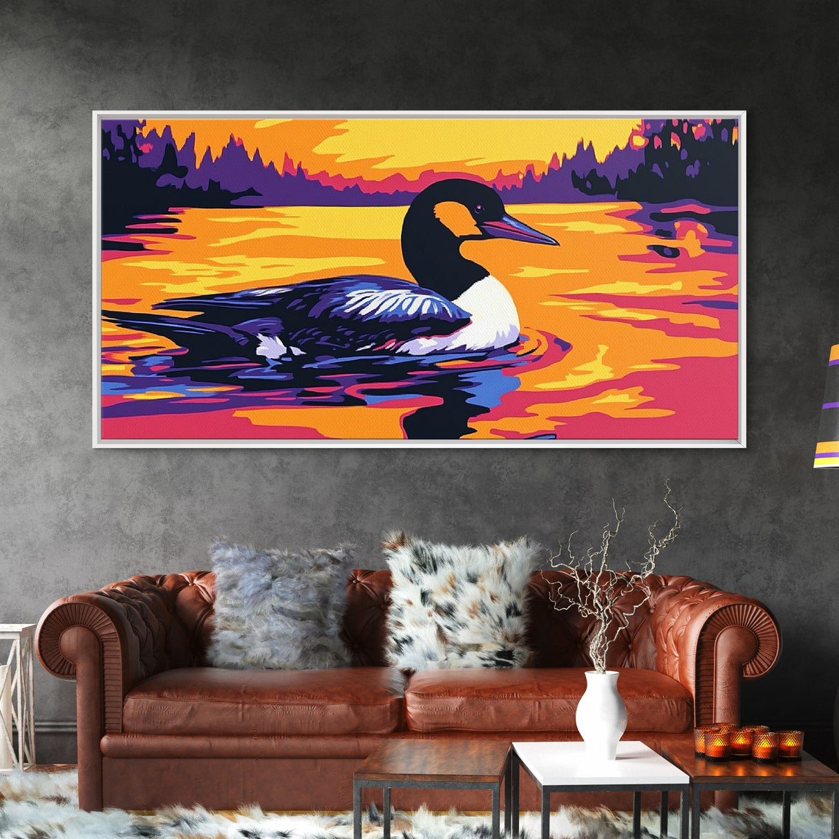 Loon on the Lake, bird art, moody art, rustic wall art, nature painting, coastal decor, lake Tahoe art, framed canvas print