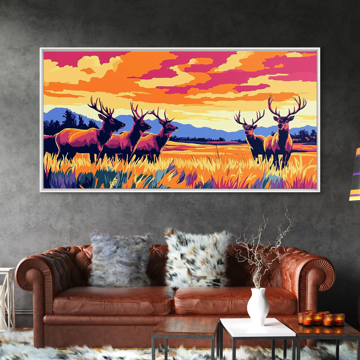Autumn Elk, wildlife painting, deer drinking water in forest painting, rustic decor, farmhouse art, landscape painting, framed canvas print