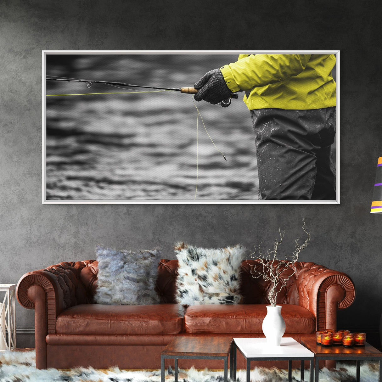 Fly Fishing Adventure Framed Canvas Print Rustic Wall Art Trout Art Fisherman Painting Gift Idea Living Room Art Extra Wide Art