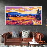 Mountain Landscape Art, pink orange wall art, sunset painting, extra wide art, panoramic art, landscape painting, canvas print