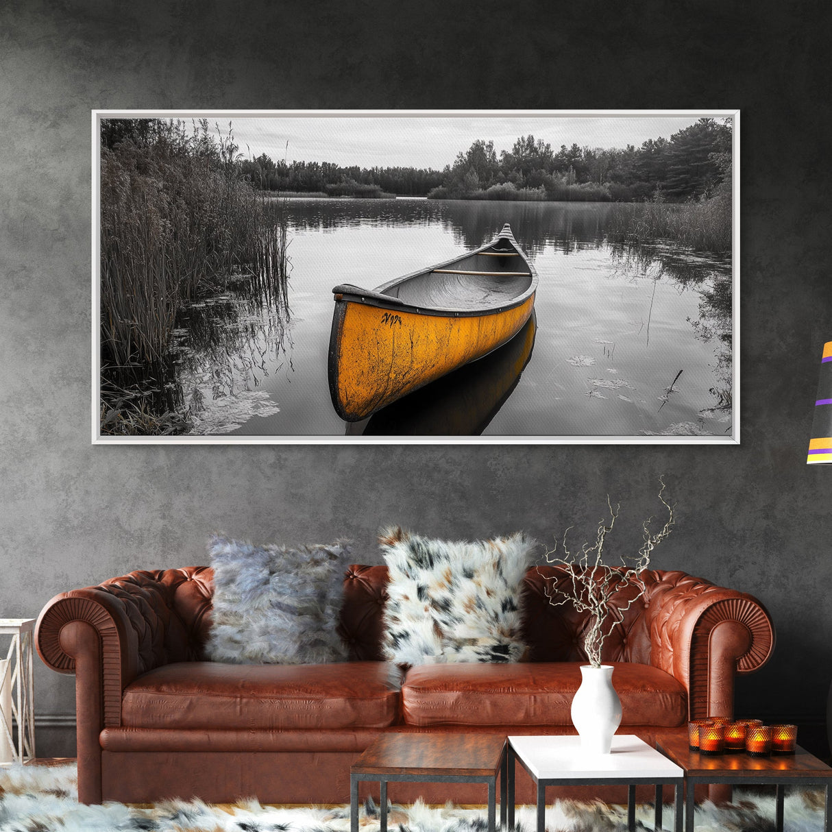 Rustic Canoe on Lake, coastal landscape art, lake Tahoe art, wabi sabi wall art, extra wide art, nautical decor, rustic art, Framed Canvas Print