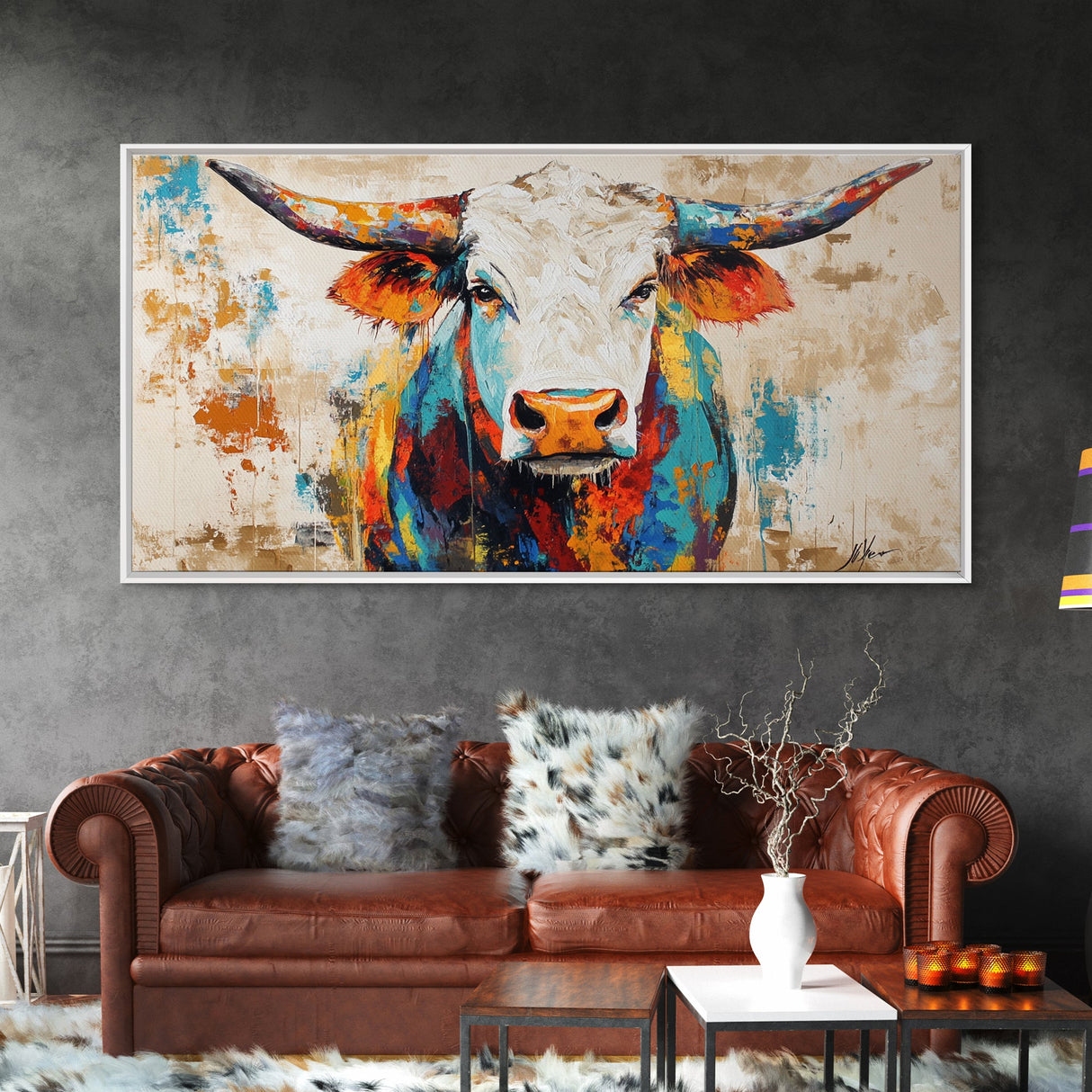 Vibrant Bull Art, rustic decor, extra wide art, farmhouse art, bold color wall art, southwestern painting, framed canvas print, modern rustic art