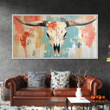 Longhorn Skull Art, southwest wall art, boho art, rustic decor, skull art, extra wide art, wabi sabi art, framed canvas print, farmhouse art