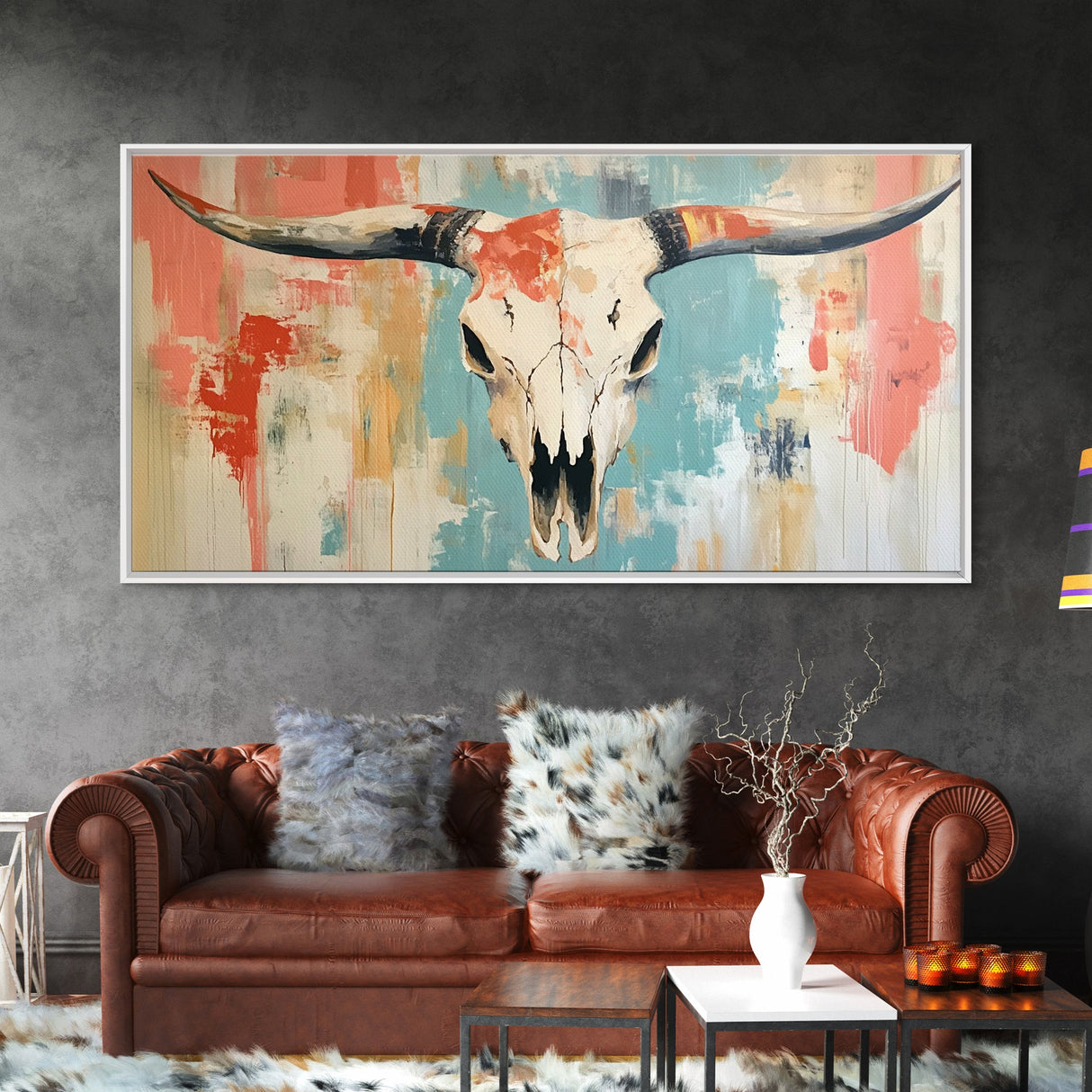 Longhorn Skull Art, southwest wall art, boho art, rustic decor, skull art, extra wide art, wabi sabi art, framed canvas print, farmhouse art