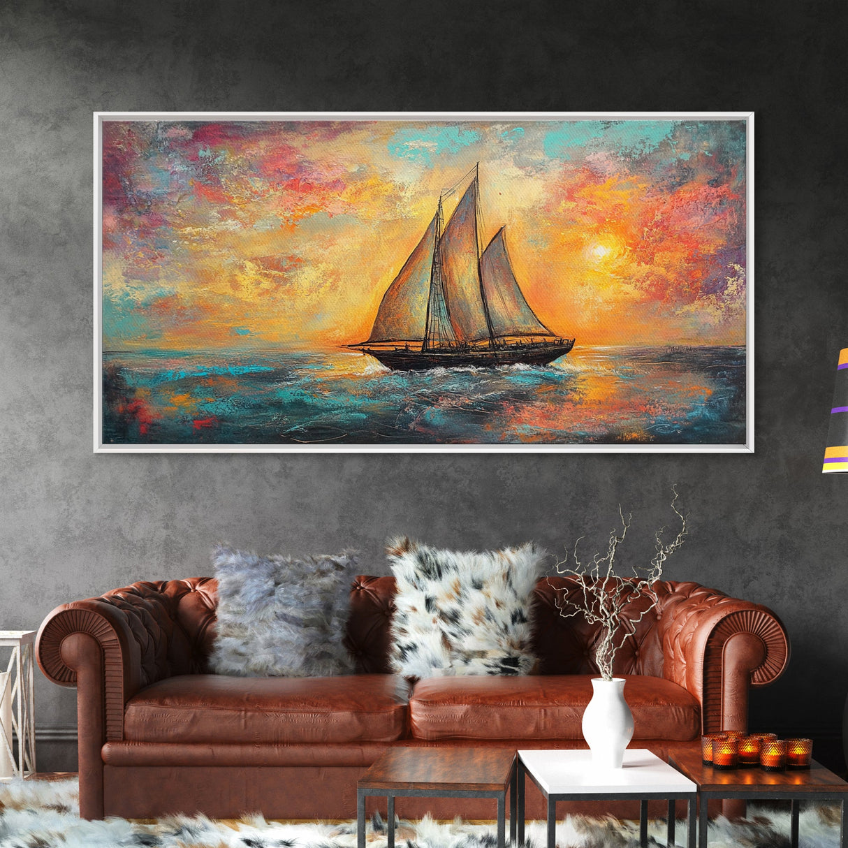 Sailboat at Sunset, nautical painting, coastal decor, seascape painting, beach house art, extra wide art, oil painting, canvas print