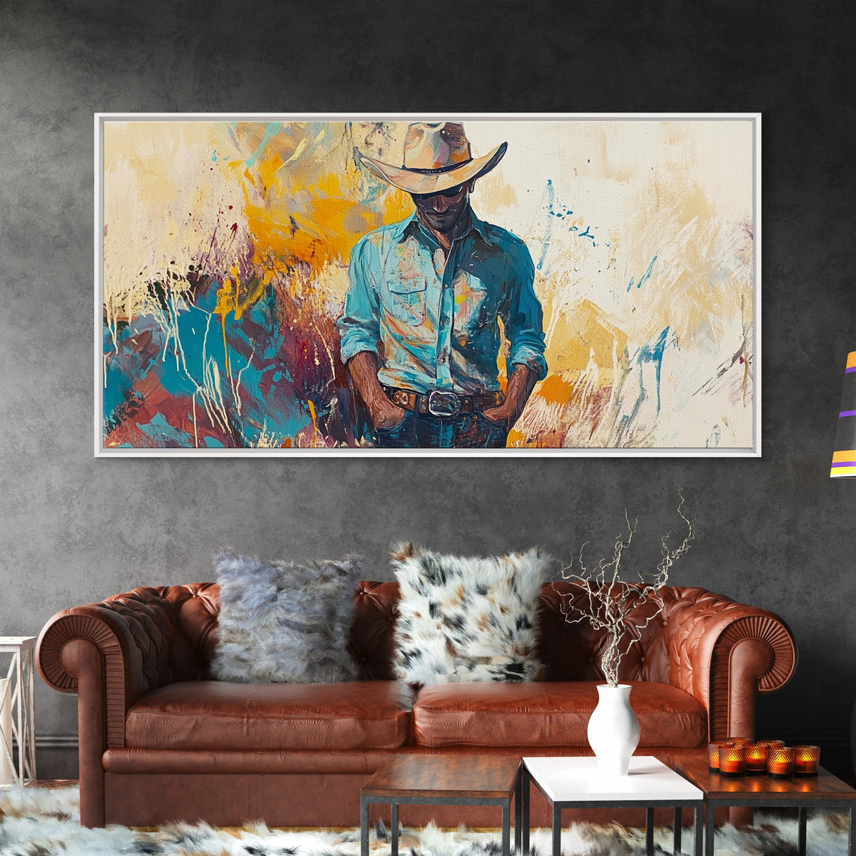 Cowboy Art, Western Painting, Rustic Wall Art, Vintage Horse Art, Dark Romance Painting, Moody Art, Extra Wide Art, Framed Canvas Print
