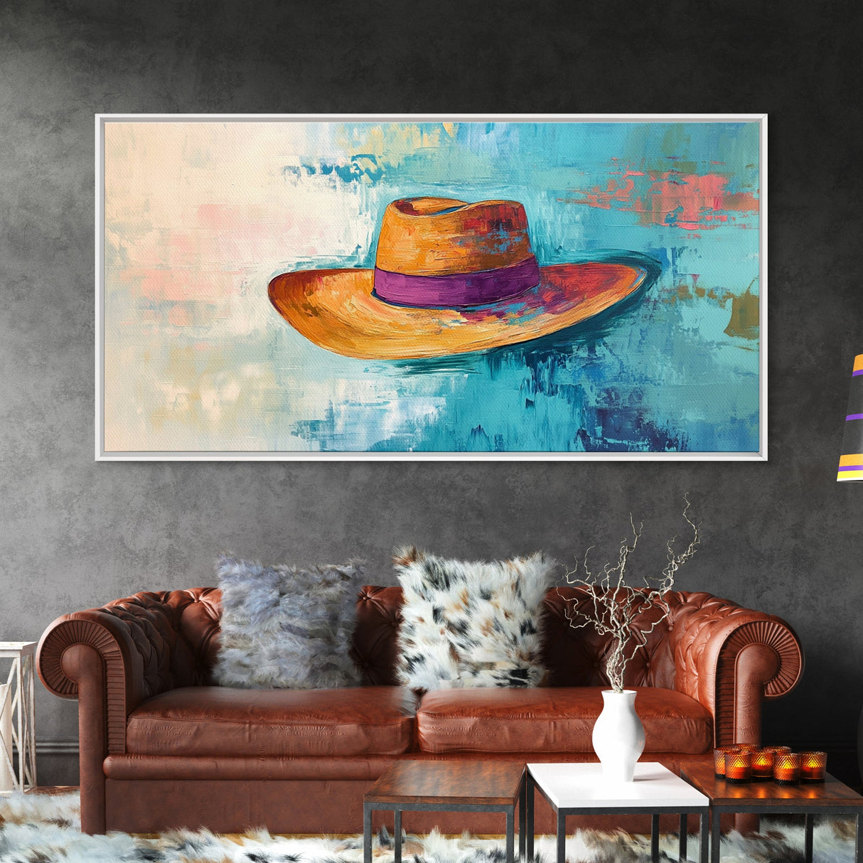 Western Hat, Boho Art, Rustic Wall Art, Southwest Art, Moody Painting, Extra Wide Art, Minimalist Art, Framed Canvas Print