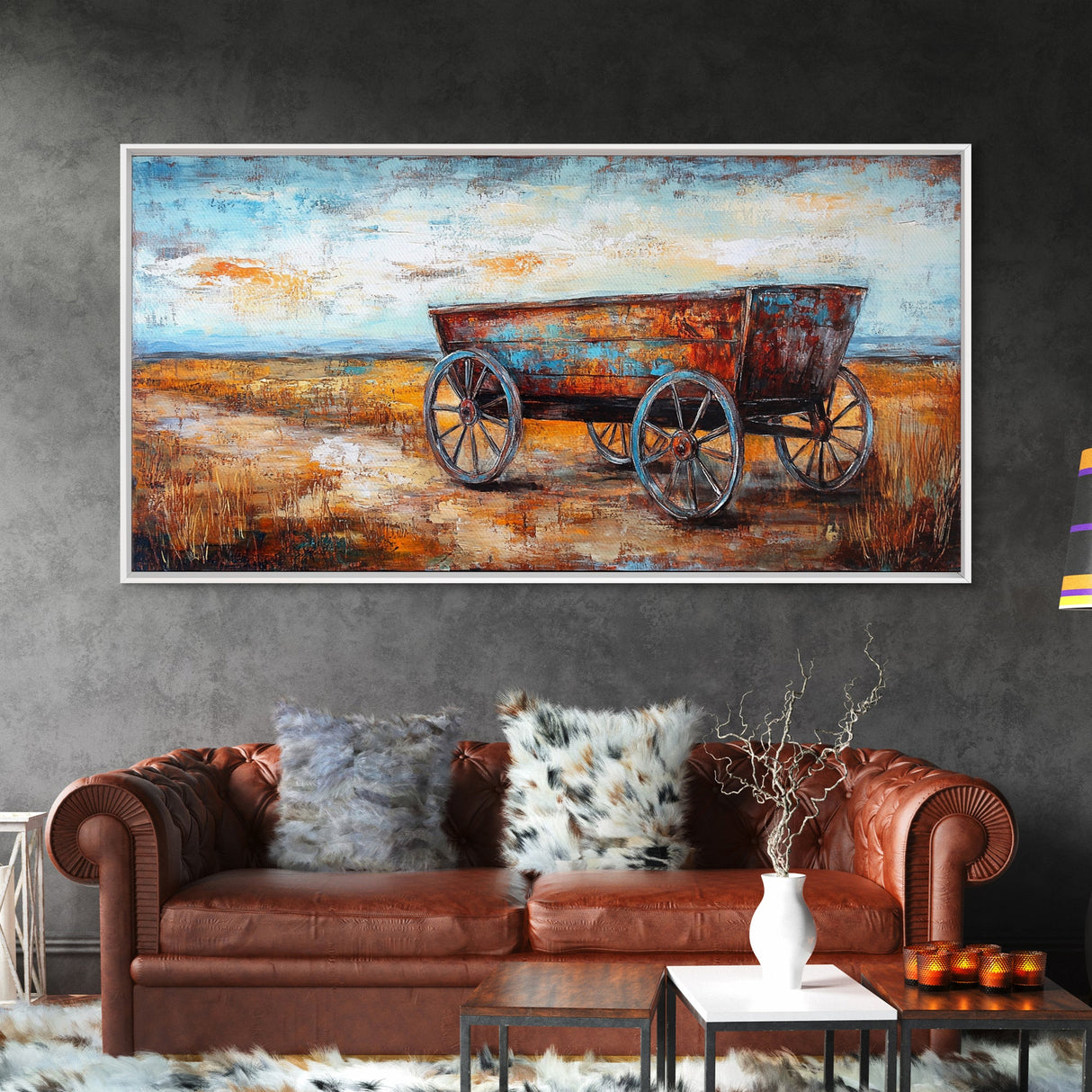 Rustic Wagon, Western Landscape, Farmhouse Art, Southwest Wall Art, Vintage Horse Art, Extra Wide Art, Horizontal Wall Art, Framed Canvas Print
