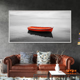 Lone Red Boat, coastal wall art, seascape painting, nautical decor, minimalist art, black and white photography, above couch art, Framed Canvas Print