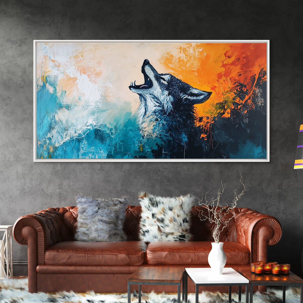 Howling Wolf Art, Framed Canvas Print, Southwest Wall Art, Moody Art, Rustic Decor, Extra Wide Art, Above Couch Art, Wildlife Painting