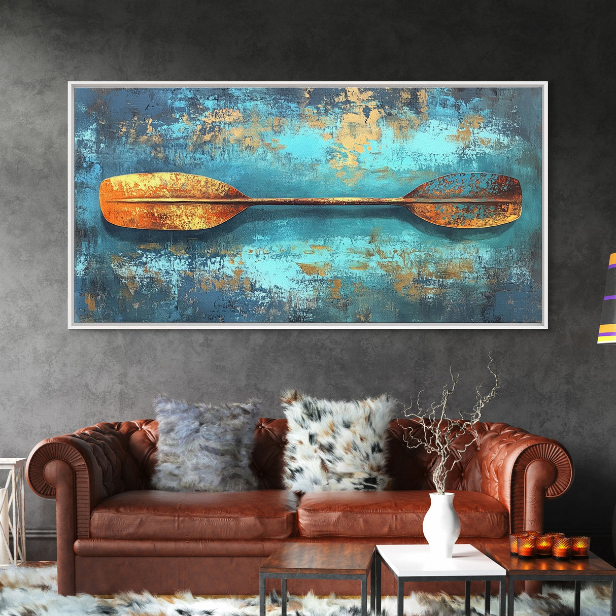 Rustic Oar, Coastal Decor, Nautical Wall Art, Teal Wall Art, Wabi Sabi Art, Gift Idea Him, Above Sofa Art, Framed Canvas Print, Boho Art