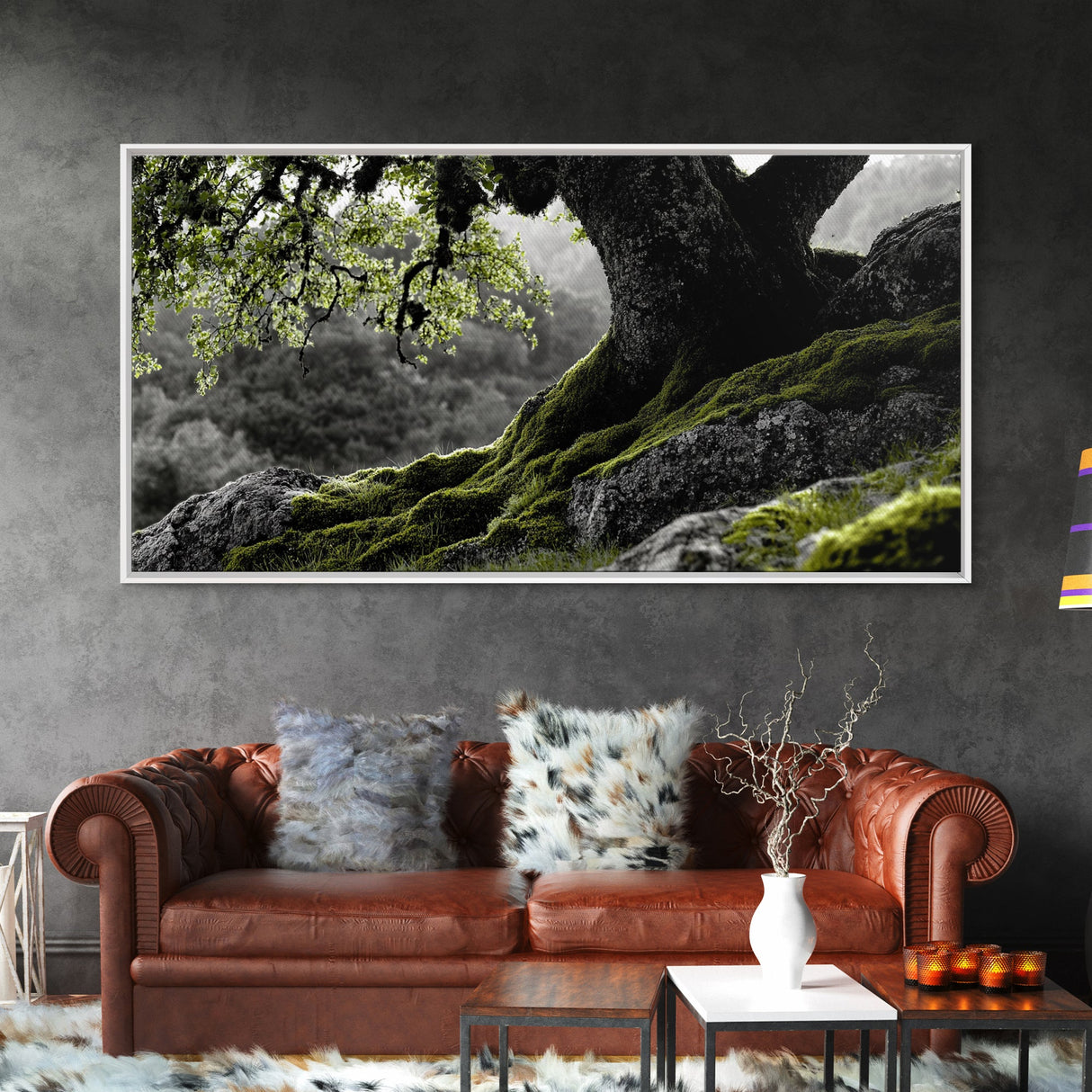Mossy Oak Tree, oak tree art, nature wall art, rustic art, botanical prints, green wall art, extra wide art, Framed Canvas Print