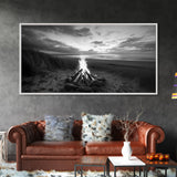 Bonfire on Beach, coastal decor, nautical painting, rustic art, beach sunset print, seascape painting, landscape painting, Framed Canvas Print