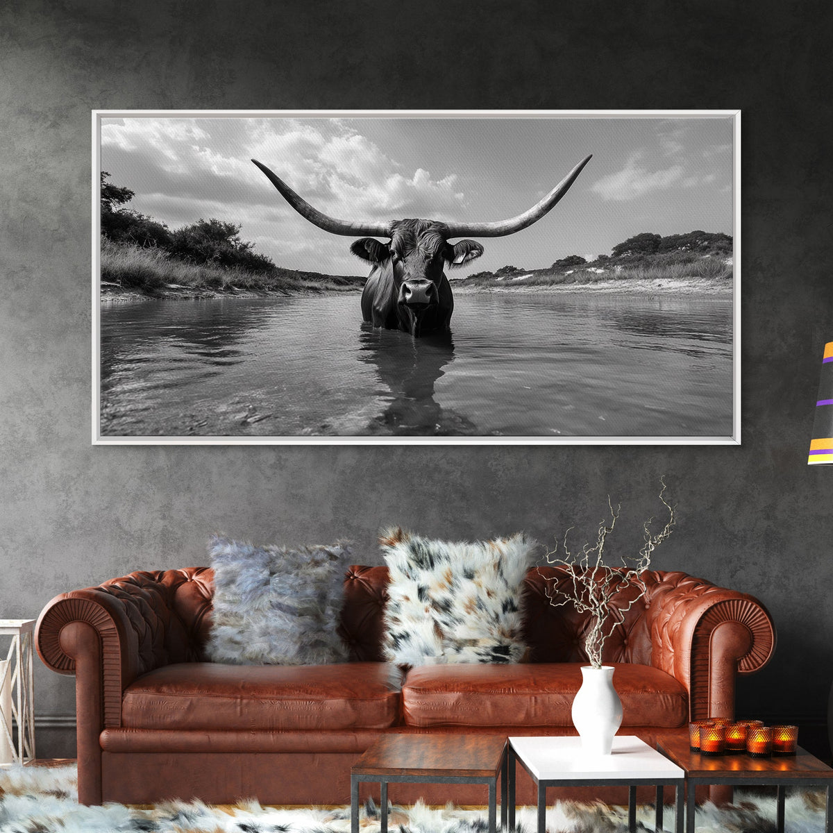 Longhorn in Water, rustic art, western decor, bull and bear art, cowboy wall art, farmhouse art, panoramic art, Framed Canvas Print