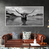 Longhorn in Water, rustic art, western decor, bull and bear art, cowboy wall art, farmhouse art, panoramic art, Framed Canvas Print