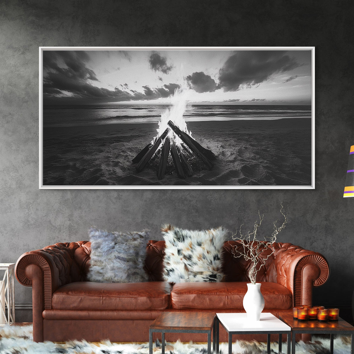Bonfire On Beach, Coastal Wall Art, Moody Art, Extra Wide Art, Sunset Wall Art, Panoramic Art, Rustic Wall Art, Framed Canvas Print