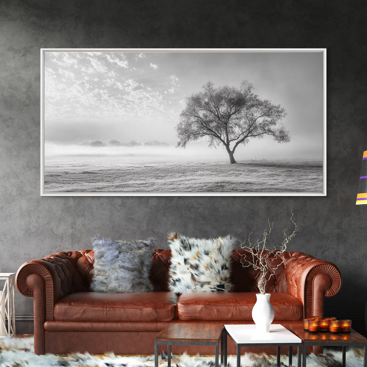 Solitary Tree, Minimalist Art, Landscape Painting, Oak Tree Art, Extra Wide Art, Moody Art, Wabi Sabi Wall Art, Framed Canvas Print