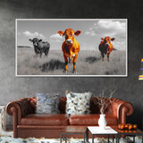 Highland Cows Canvas Print | Rustic Farmhouse Art | Black and White Cattle Painting | Moody Art | Above Sofa Wall Art | Extra Wide Art