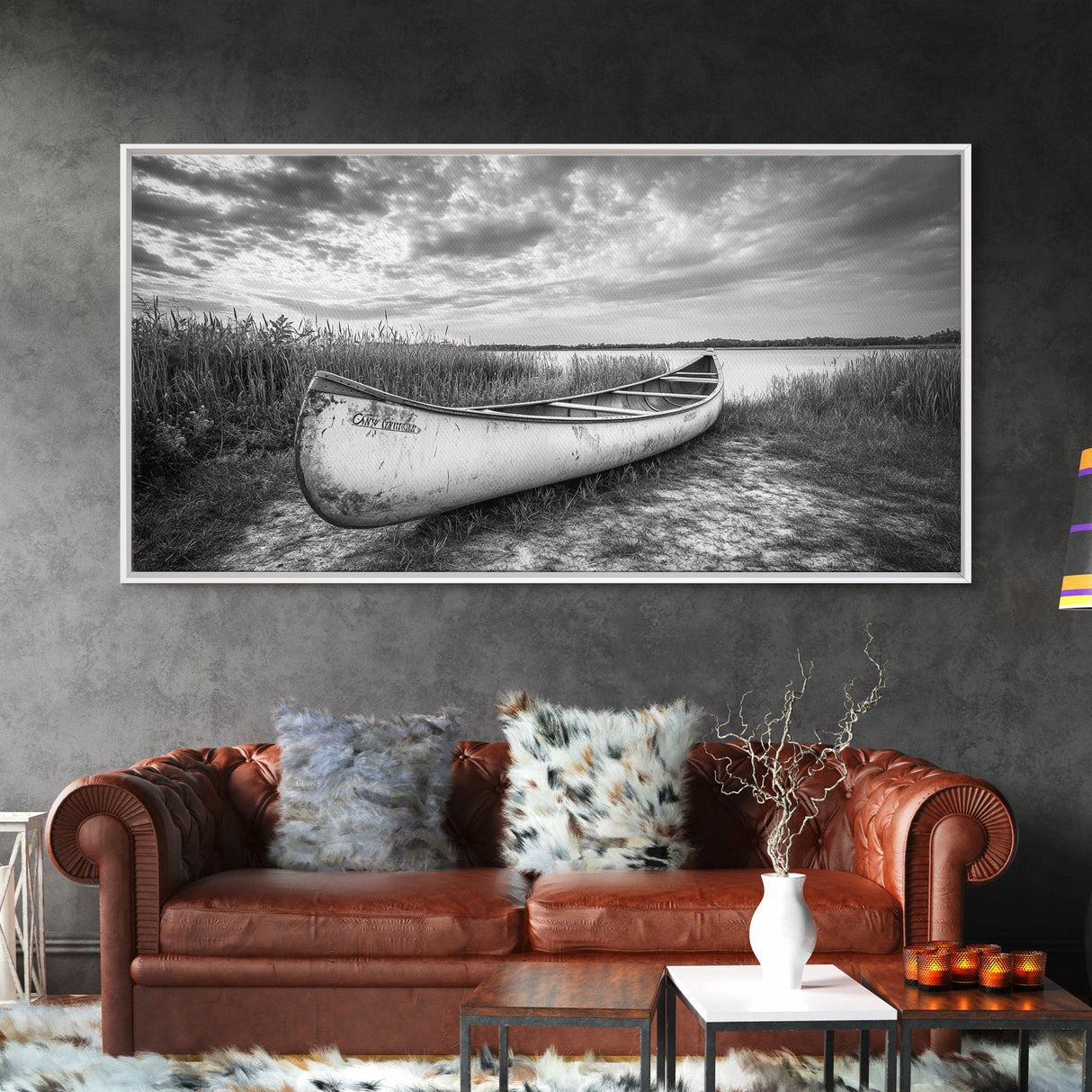 Canoe, lake, coastal cowgirl wall art, rustic decor, farmhouse art, panoramic art, horizontal wall art, extra wide art, framed canvas print