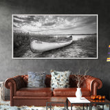 Canoe, lake, coastal cowgirl wall art, rustic decor, farmhouse art, panoramic art, horizontal wall art, extra wide art, framed canvas print