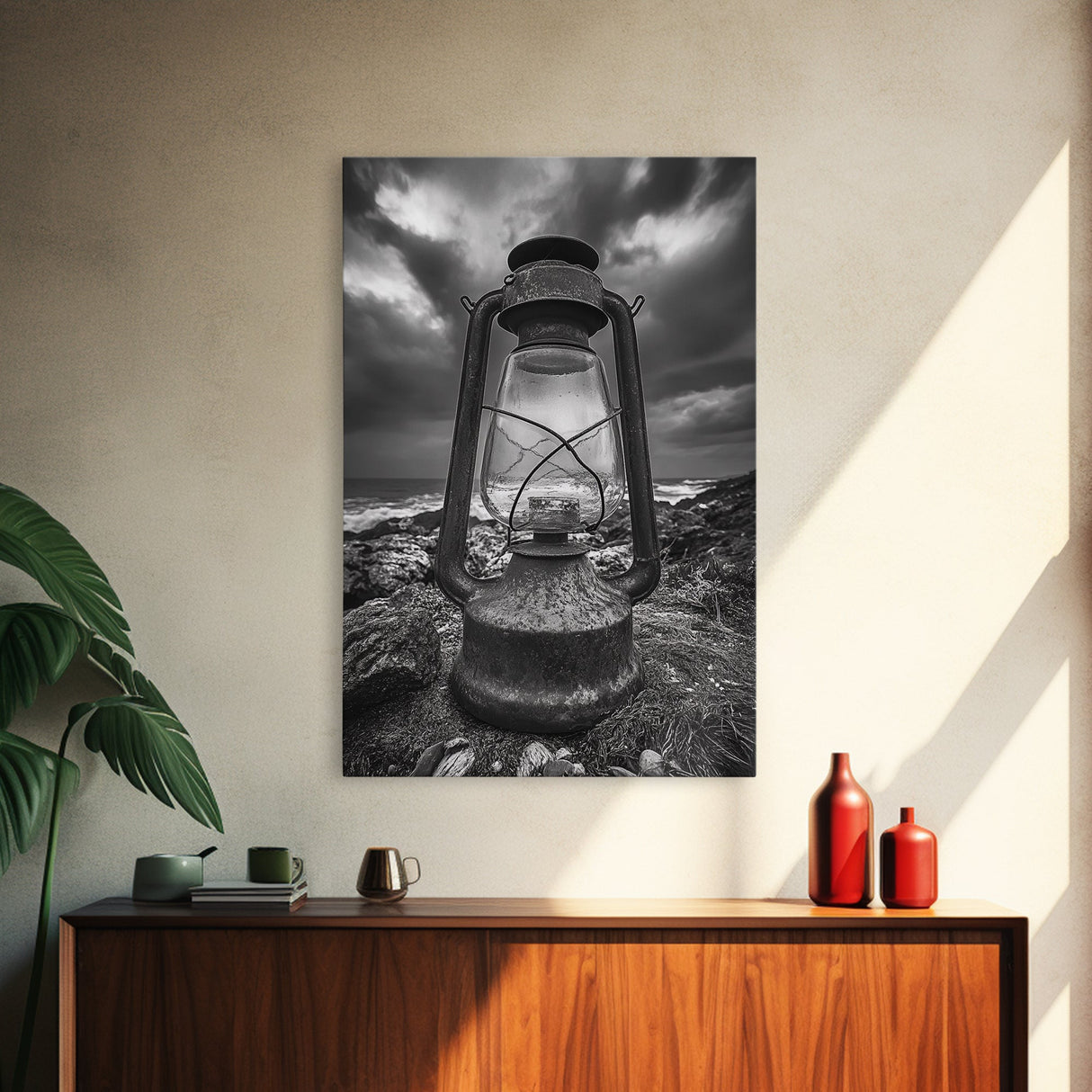 Stormy Lantern by the Sea, nautical decor, moody art, seascape painting, coastal painting, rustic wall art, framed canvas print