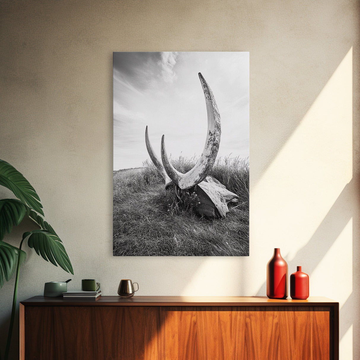 Large horns, rustic skull, bull and bear art, moody wall art, desert decor, cowboy aesthetic, framed canvas print, minimalist art