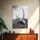 Large horns, rustic skull, bull and bear art, moody wall art, desert decor, cowboy aesthetic, framed canvas print, minimalist art