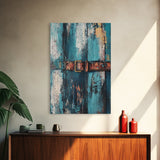 Rustic blue door, worn leather belt, southwest wall art, farmhouse art, textured painting, wabi sabi art, framed canvas print, rustic decor