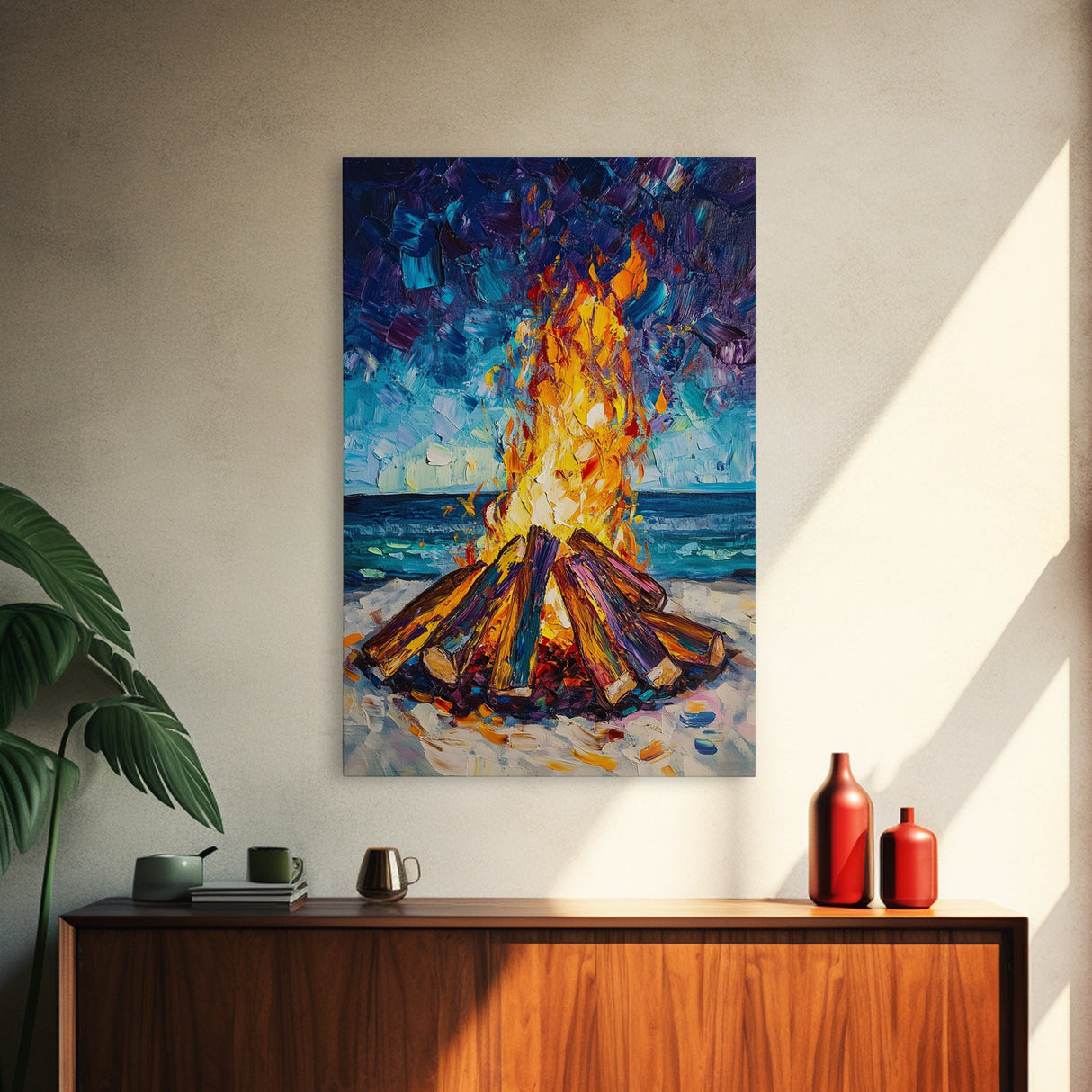 Beach Bonfire, coastal painting, moody art, seascape painting, coastal decor, nautical painting, original painting, framed canvas print