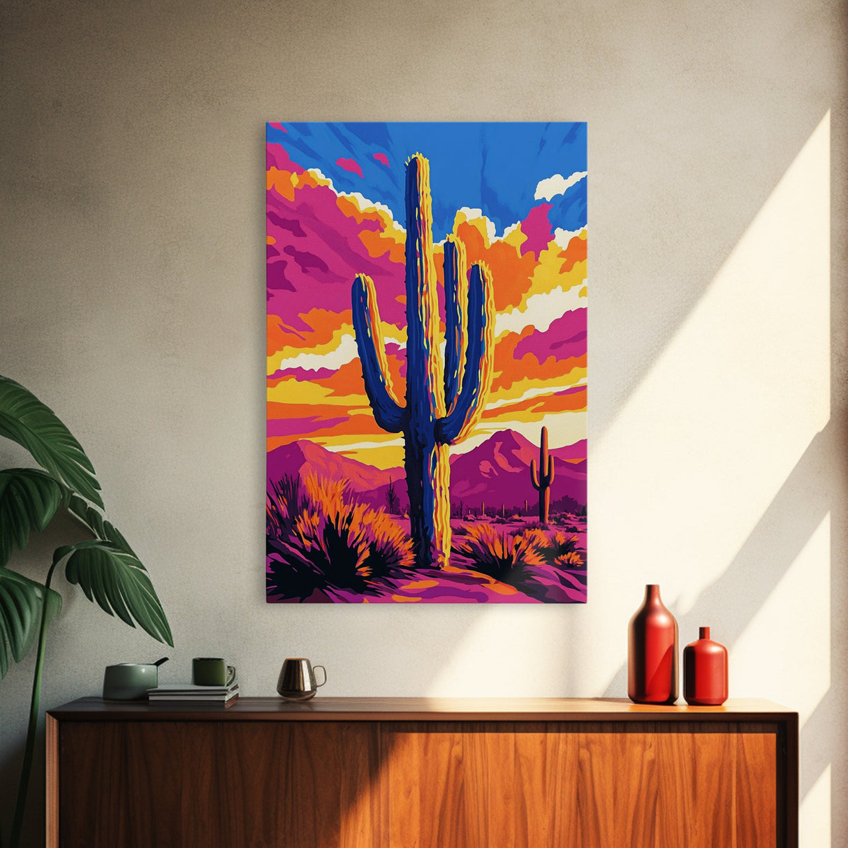 Southwest Cactus Art, Desert Wall Decor, Pink Orange Wall Art, Bold Sunset Art, Framed Canvas Print, Gift Idea, Rustic Wall Art