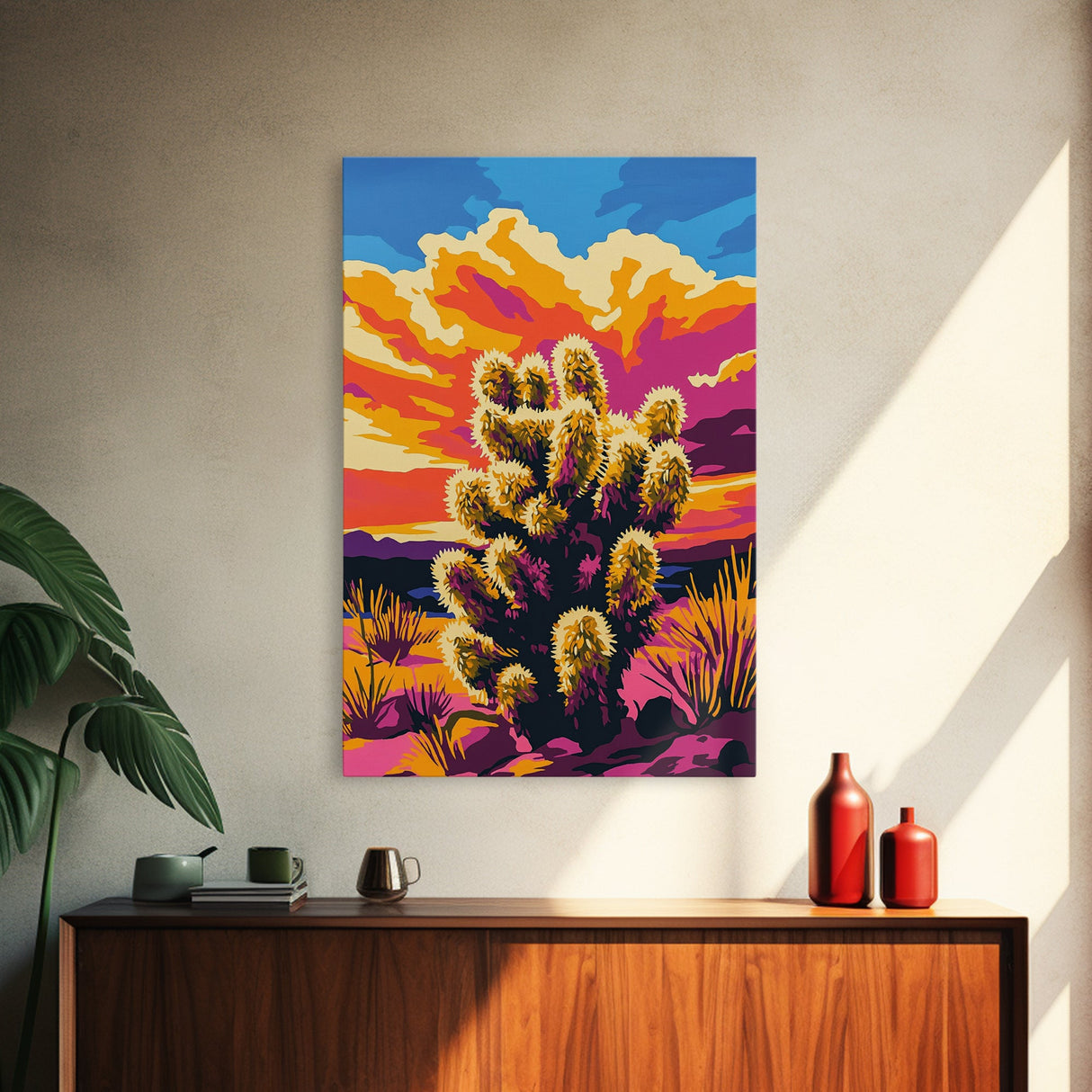 Sunset Cactus, Joshua tree art, pink orange wall art, southwest wall art, gift idea for him, extra wide art, bold colors, Framed Canvas Print